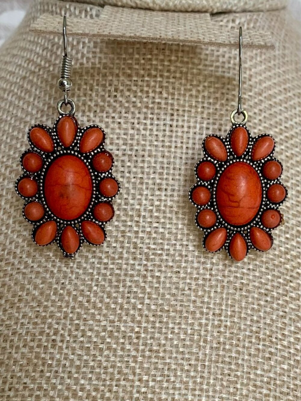 Southwestern Burnt Orange Faux Sunburst Stone Dangle Earrings